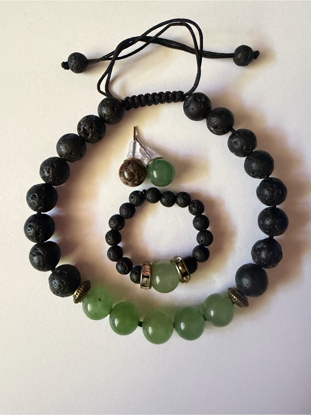 Handcrafted Black Lava and Green Jade Beaded Bracelet Set - Unbranded